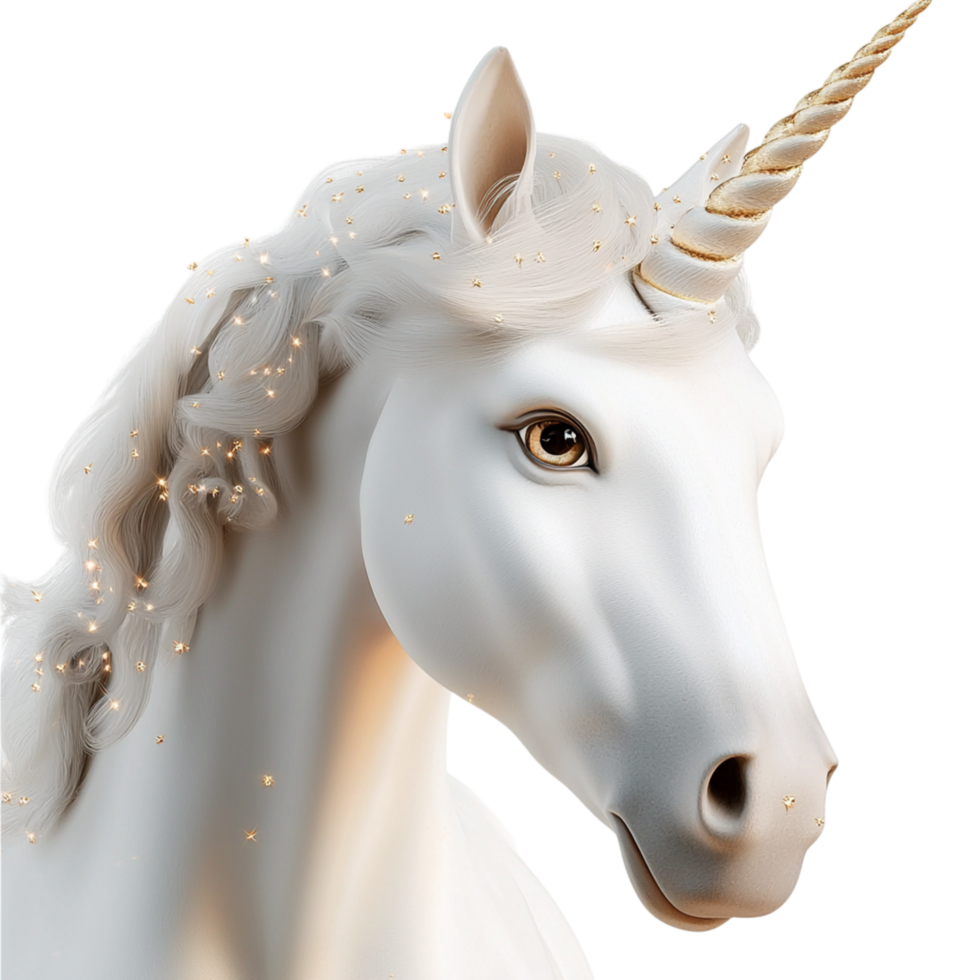 Mystical white unicorn a golden horn flowing mane deep eyes embodying fantasy magic legenry mythical wonder in fairy tales. png