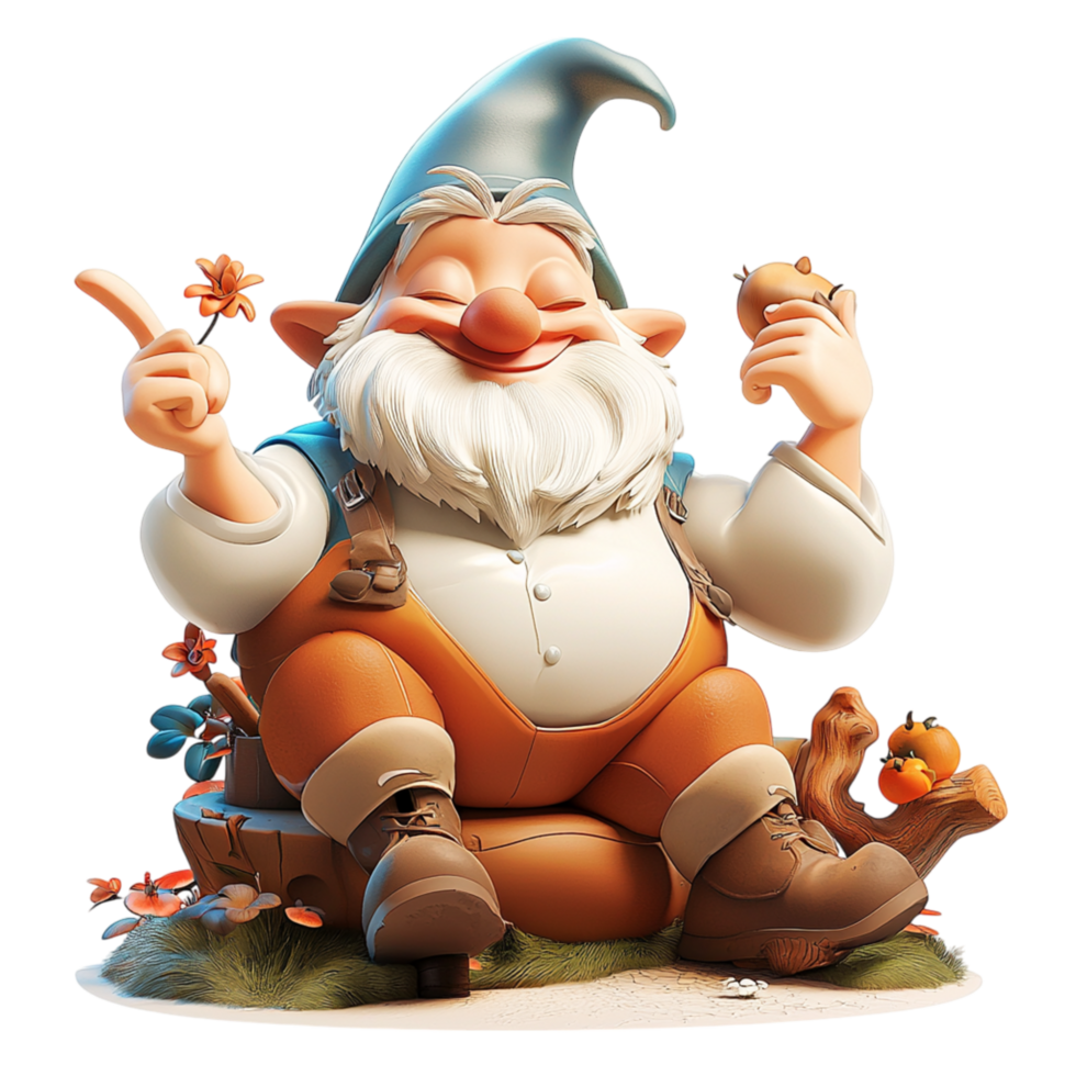 Cheerful garden gnome sitting happily a long white beard colorful clothes bringing a sense of whimsy charm playfulness. png