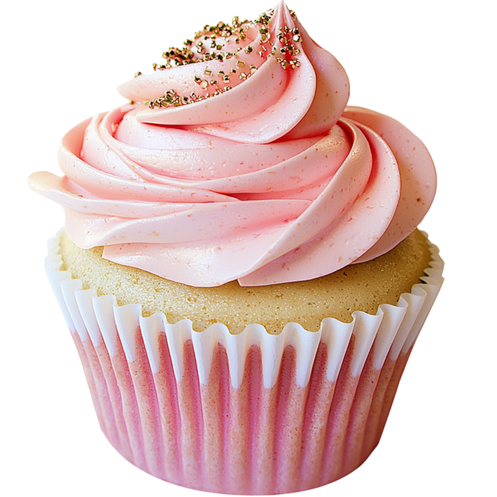 Beautiful pink frosted cupcake a swirl of creamy frosting on top looking sweet delicious perfect for celebrating special occasions. png
