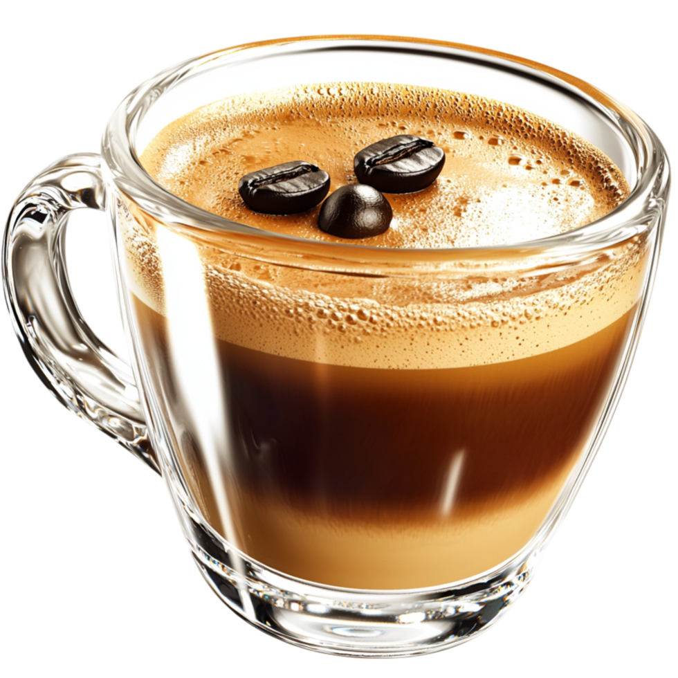 Glass cup filled freshly brewed espresso topped a creamy layer of foam offering a strong rich aromatic coffee experience. png