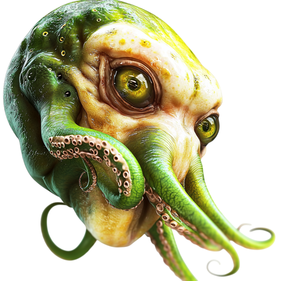 Green octopus detailed tentacles piercing eyes looking mysterious intelligent powerful representing the fascinating complex nature of marine life. png