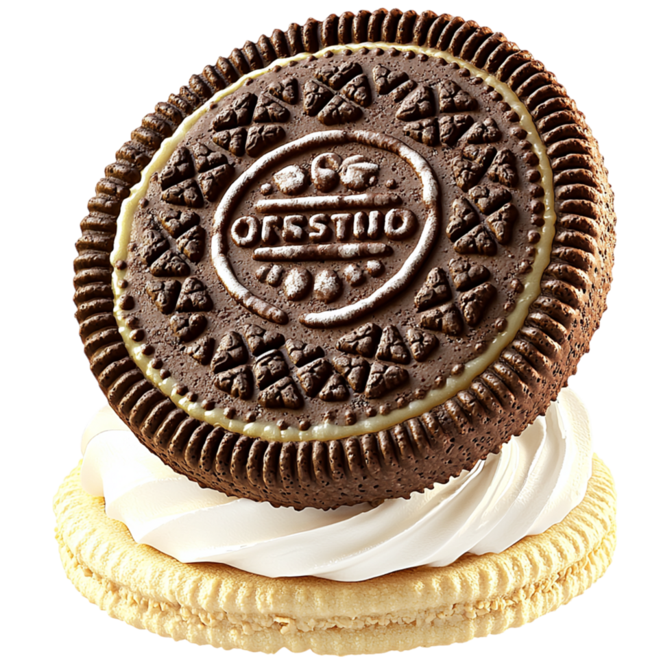Chocolate swich cookie placed on whipped cream a crunchy texture creamy filling making it a delicious sweet treat. png