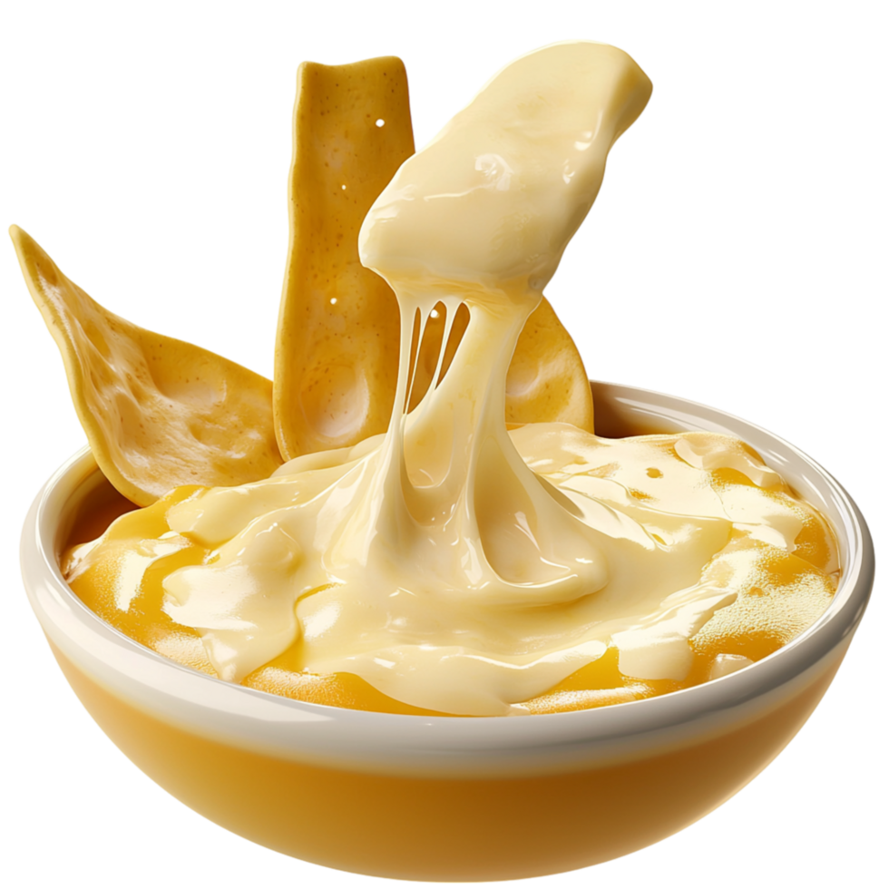 Bowl of melted cheese crispy tortilla chips dipped in creamy goodness offering a mouthwatering indulgent delicious snack experience. png