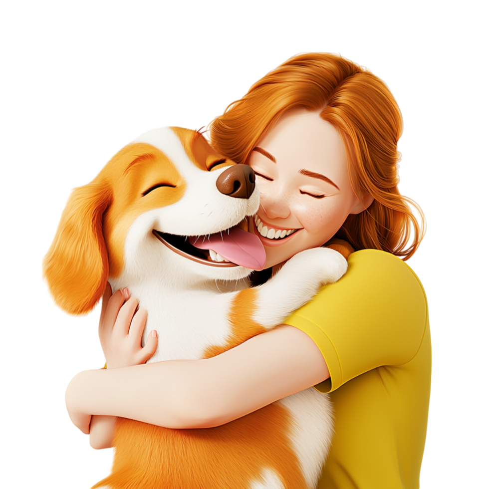 Young woman embracing her fluffy pet dog love happiness warmth showcasing the deep emotional bond between humans animals. png