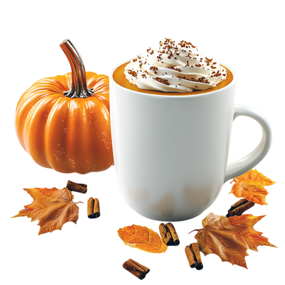 Cozy autumnthemed pumpkin spice latte in a white mug whipped cream cinnamon representing seasonal warmth comfort delicious flavors. png