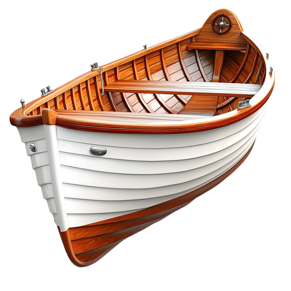 Wooden rowboat floating on calm water polished details representing adventure tranquility the simplicity of traditional watercraft navigation. png