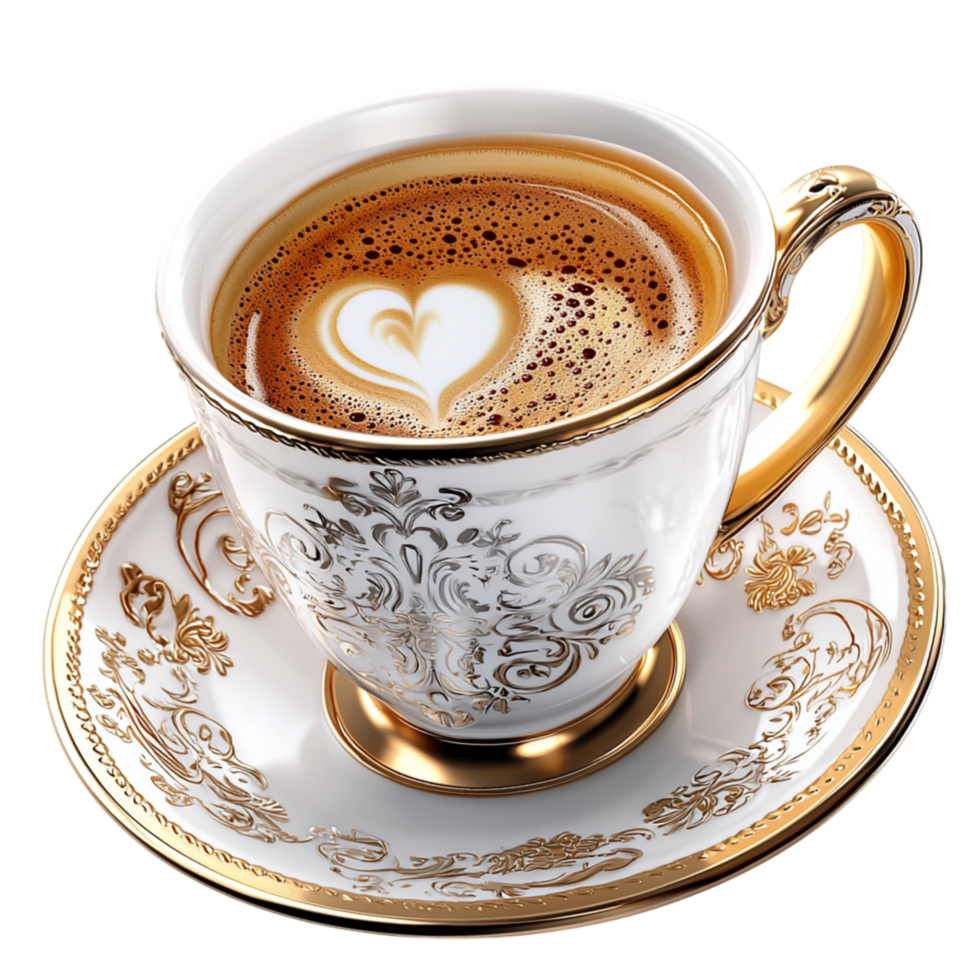 Exquisite cup of cappuccino intricate latte served in a goldentrimmed porcelain cup representing warmth comfort the love for coffee. png