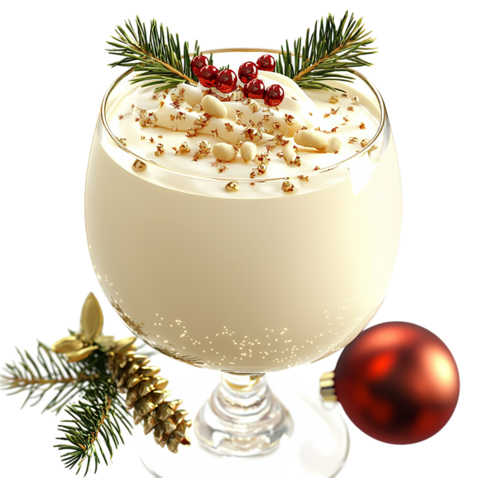 Festive glass of creamy eggnog topped cinnamon pine sprigs representing holiy cheer warmth the delicious flavors of Christmas. png