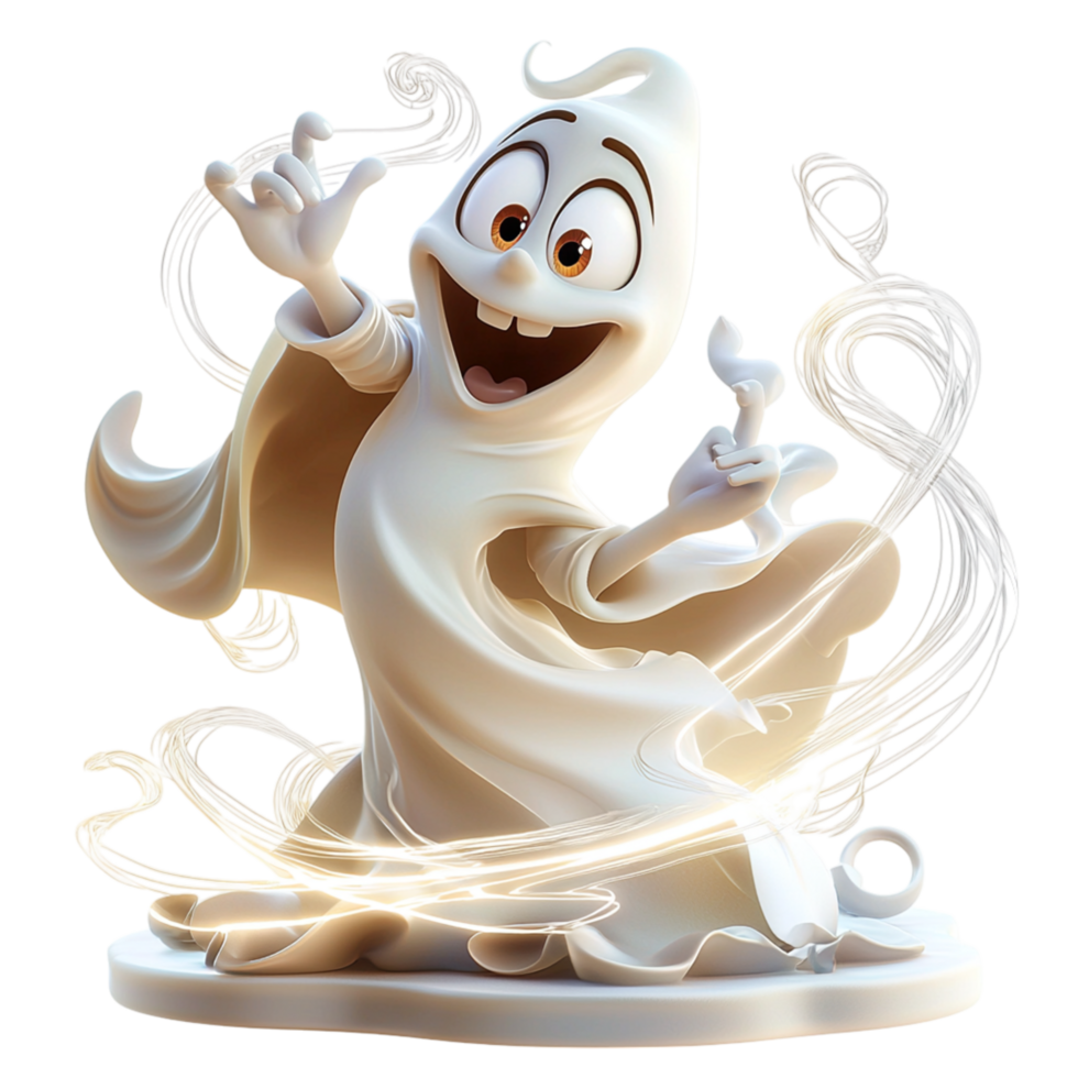 Playful white cartoon ghost floating a friendly smile representing Halloween fun supernatural mysteries the excitement of spooky celebrations. png