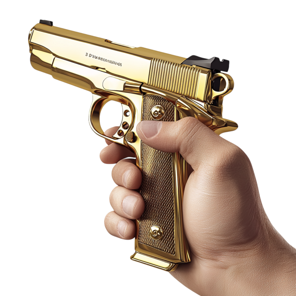 Shiny golden pistol held firmly in a h representing power authority nger the controversial presence of firearms in modern society. png