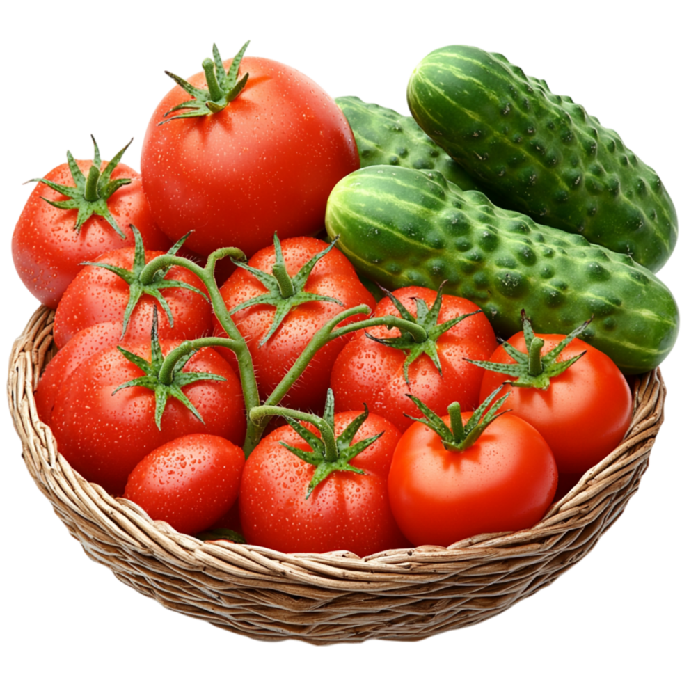 Fresh basket filled red tomatoes green cucumbers representing organic farming healthy eating the beauty of homegrown vegetables. png