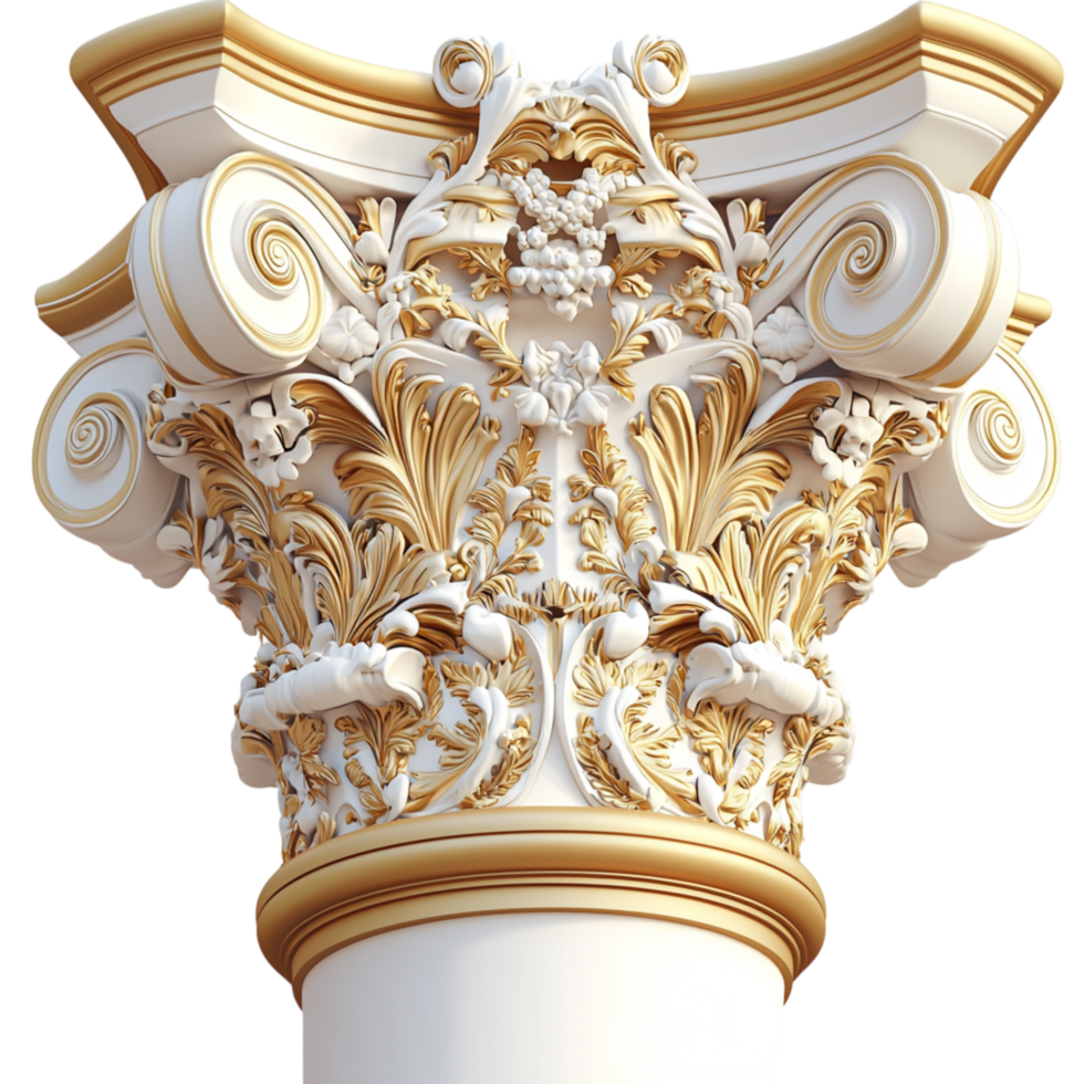 Ornate Corinthian column capital elaborate golden details symbolizing classical architectureistic craftsmanship the influence of ancient Greek design. png
