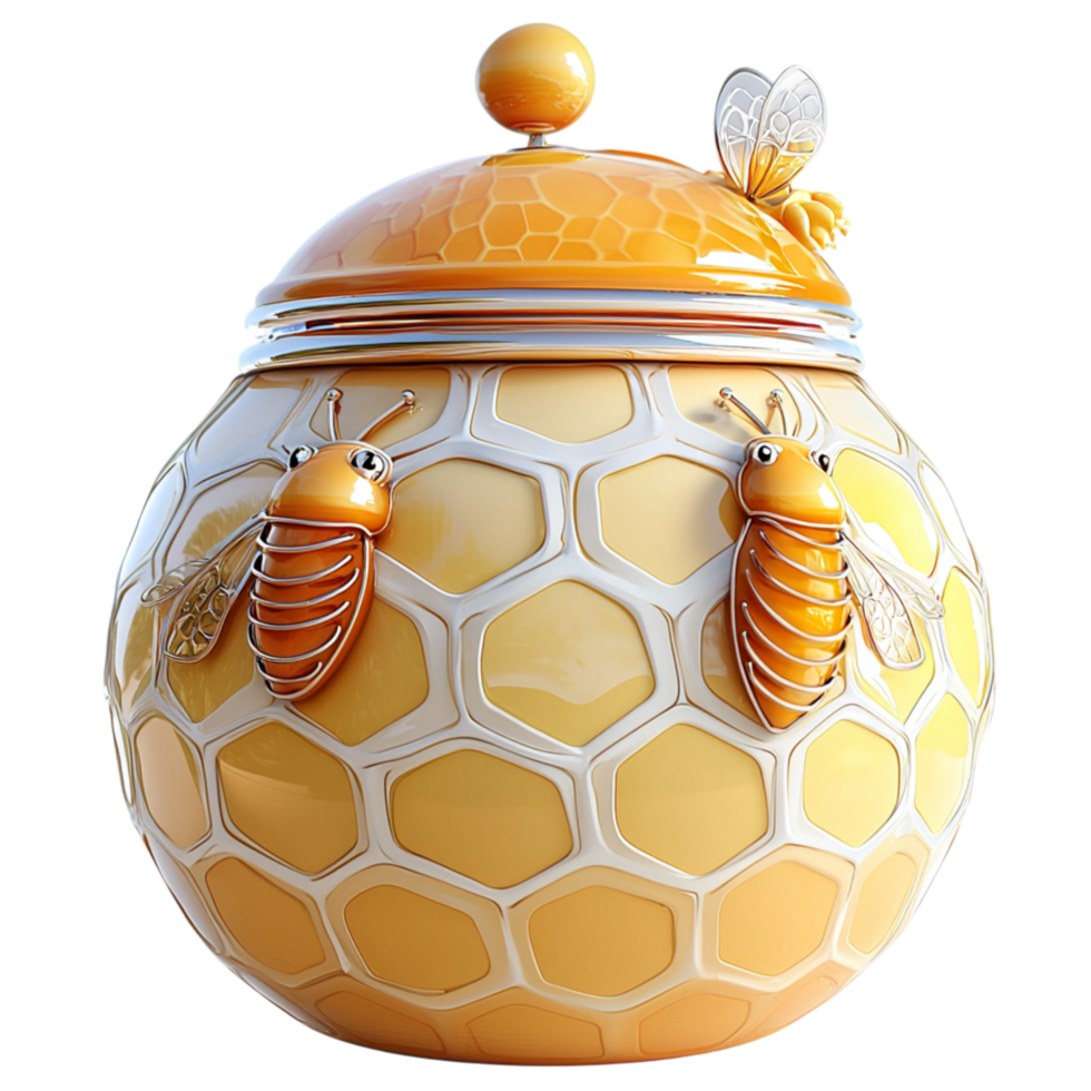 Decorative honey jar a golden lid hexagonal patterns representing sweetness nature beekeeping the delicious benefits of natural honey. png