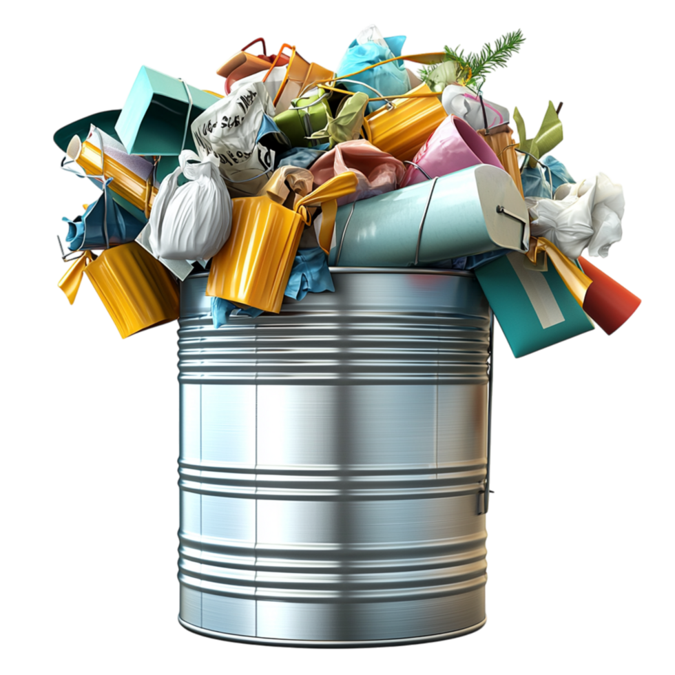 Overflowing metal trash can filled colorful garbage bags waste representing pollution environmental issues responsibility the need for recycling. png