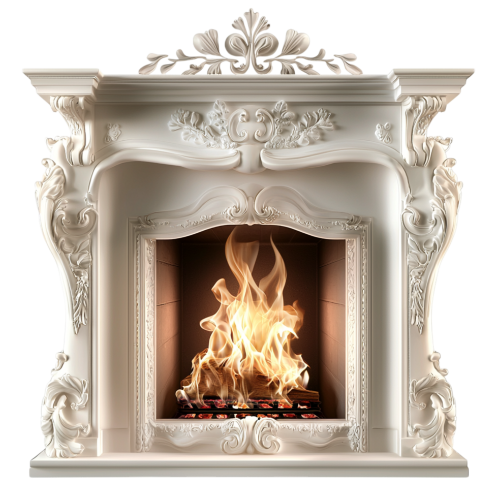 Elegant white marble fireplace detailed carvings a roaring fire representing warmth coziness sophistication the heart of a home. png