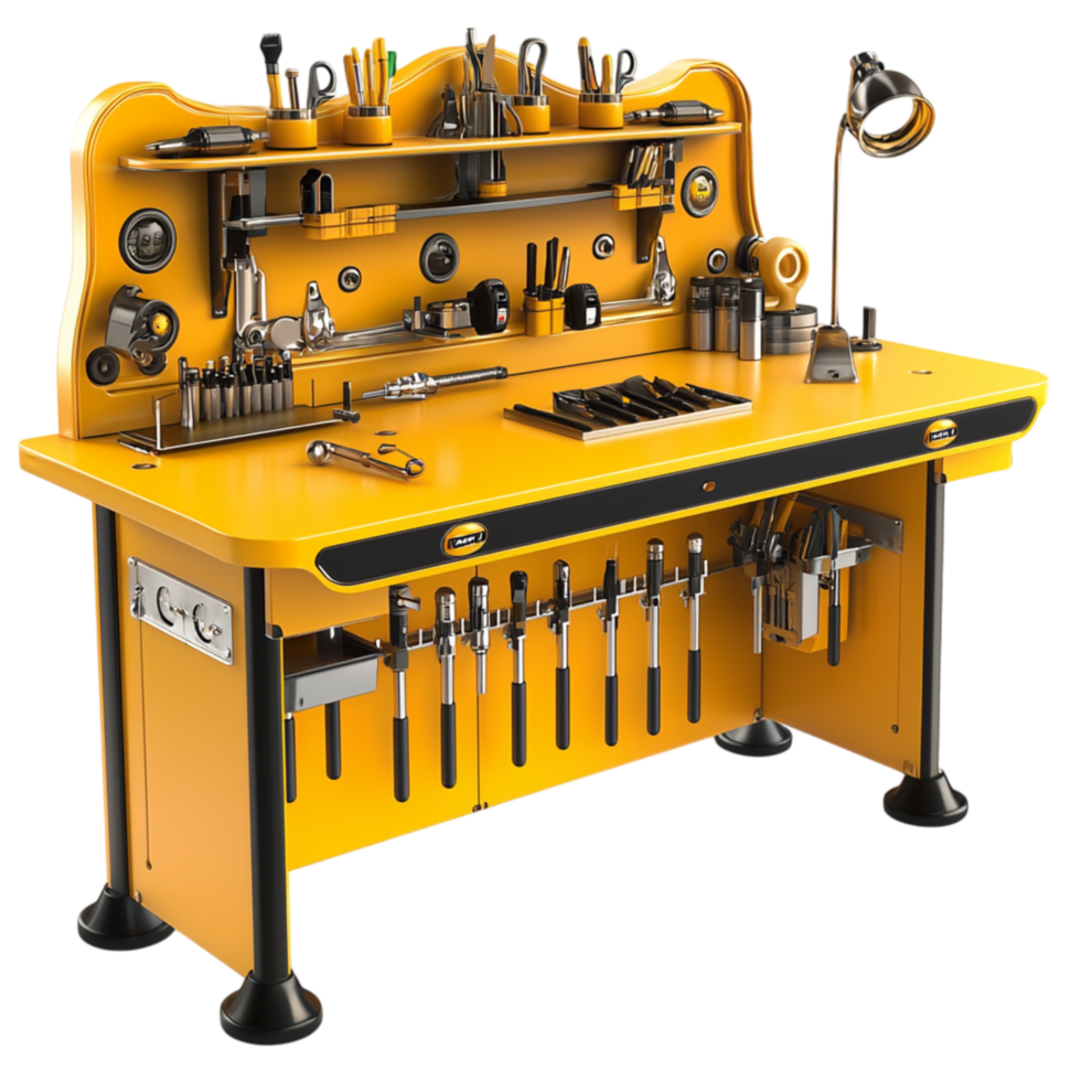 Organized yellow workbench tools equipment representing craftsmanship mechanics productivity the dedication to skilled hson labor. png