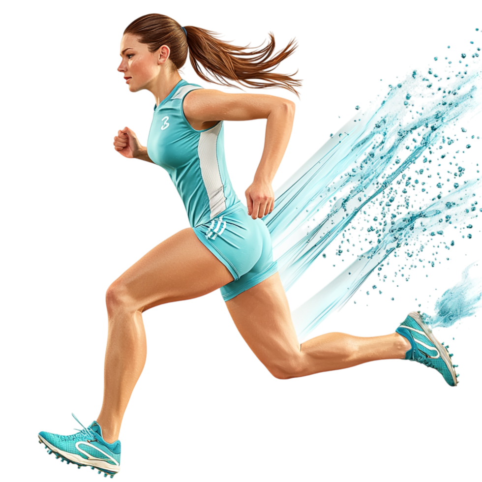 Fit athletic woman running speed determination representing energy strength perseverance the dedication to an active healthy lifestyle. png
