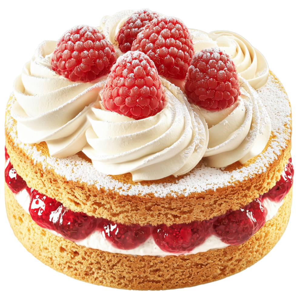 Delicious layered sponge cake topped whipped cream raspberries representing dessert indulgence sweetness the joy of homemade baking. png