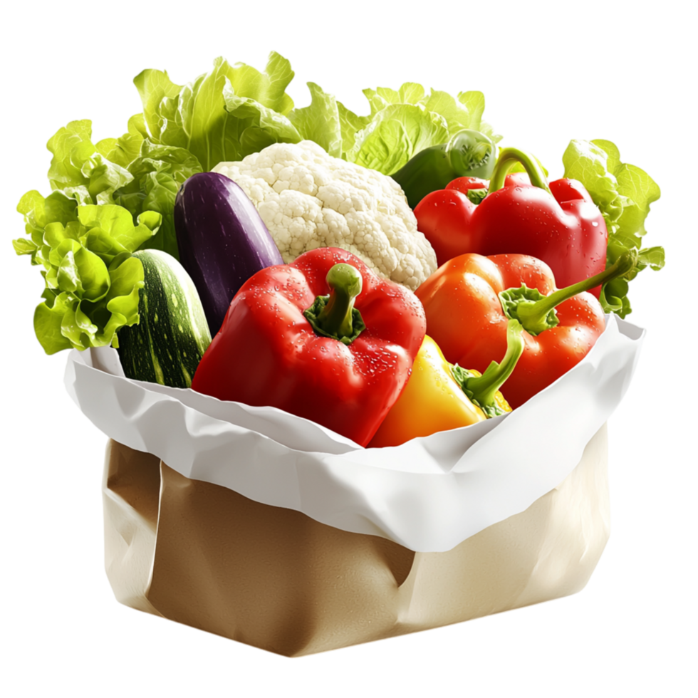 Vivid organic produce packed in a rustic paper bag, brimming leafy greens, tomatoes, wholesome carrots. png