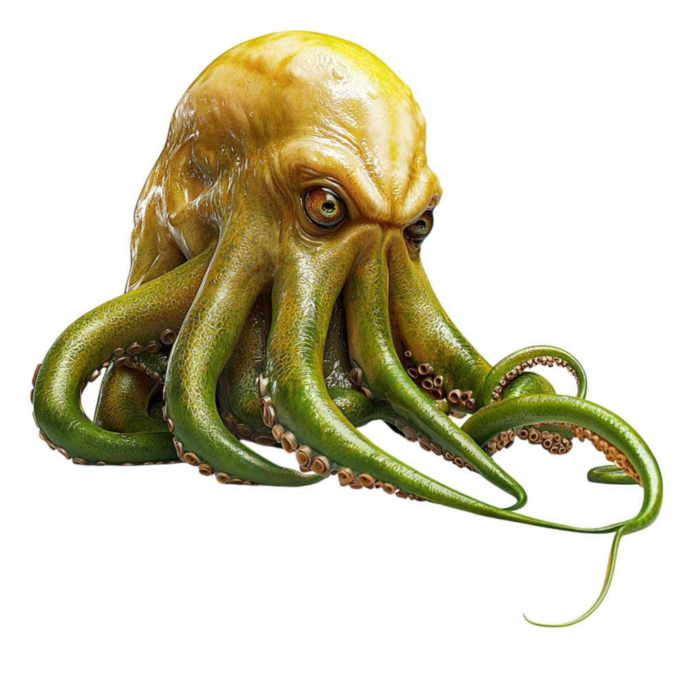 Enigmatic emerald octopus intricate arms, its gaze hinting at the oceans deep mysteries. png