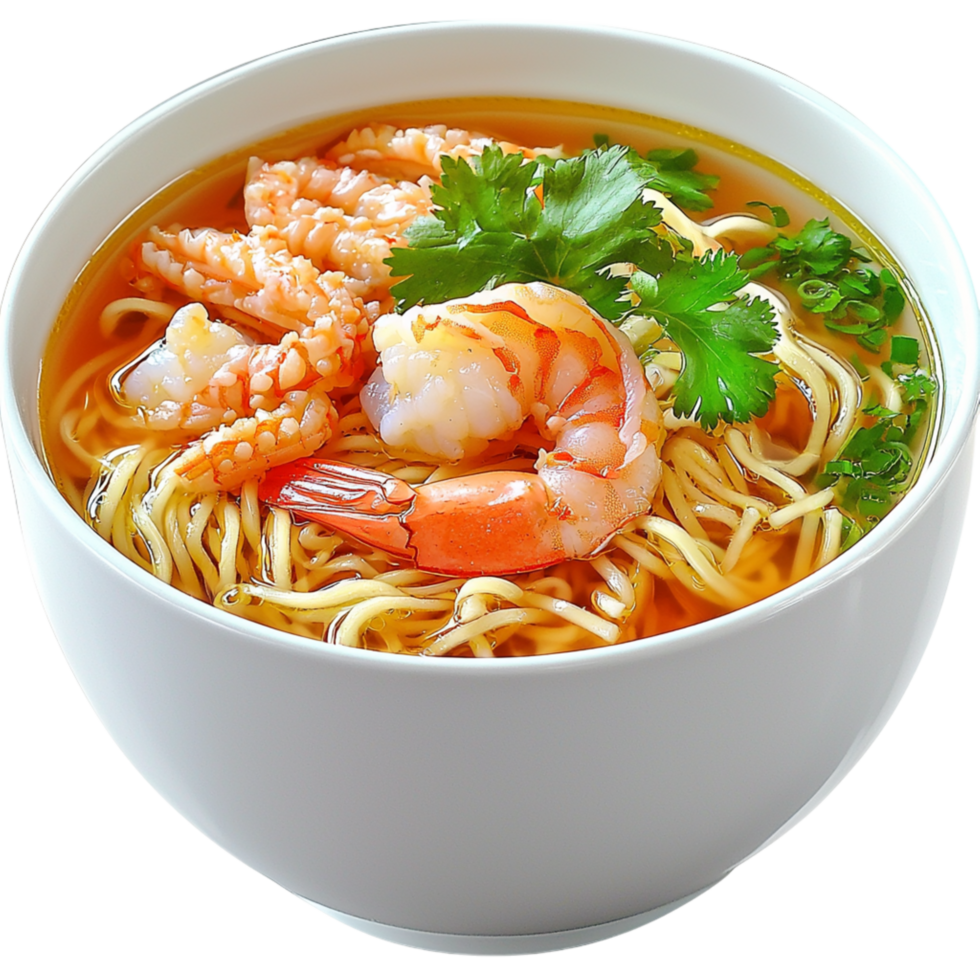 Piping shrimp noodle soup fragrant herbs, a warm, flavorful bowl of comfort. png