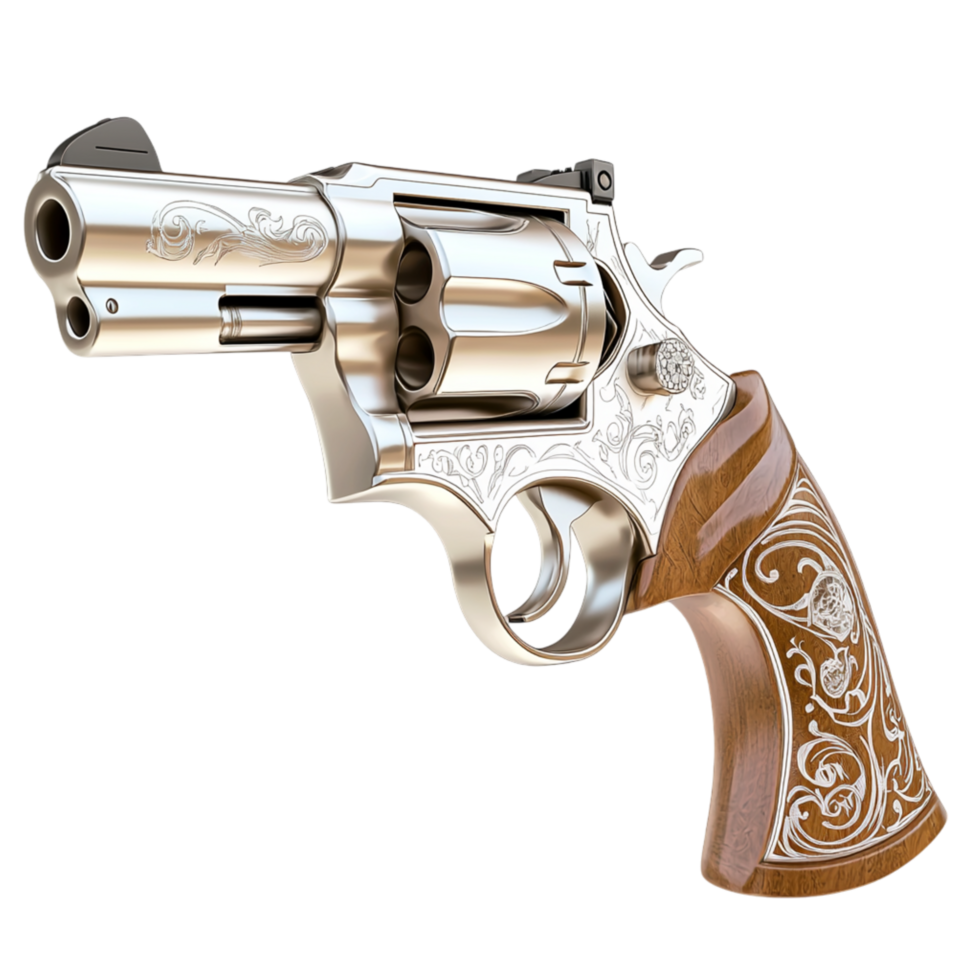 Sleek silver revolver a wooden grip, radiating precision, history, firearms ic allure. png