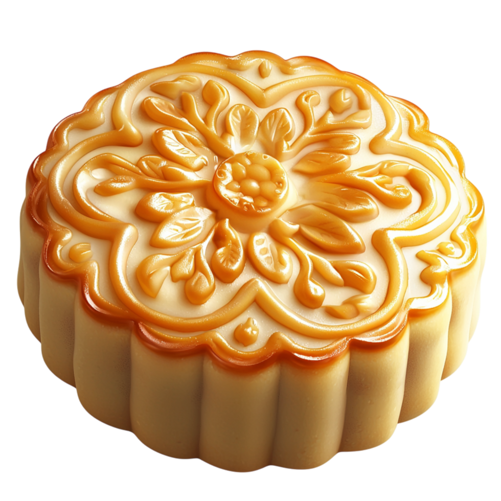 Golden mooncake intricate designs, honoring Miutumn reunions Chinese culinary legacy. png