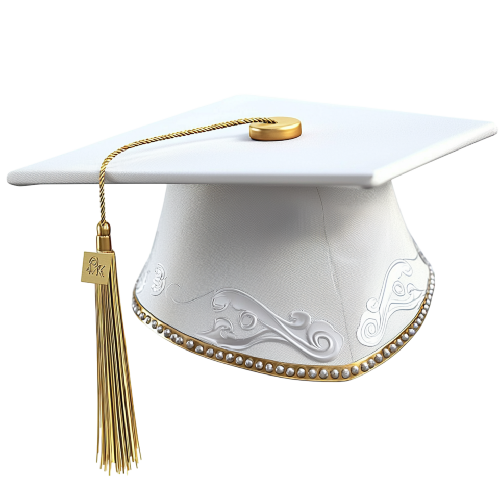 Proud white graduation cap atop a diploma, marking success, achievement, a thrilling new chapter. png