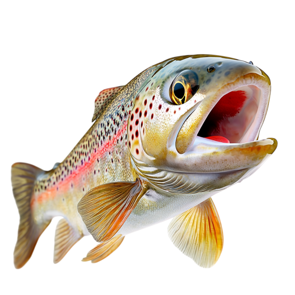 Energetic brown trout leaping from water, scales glinting, showcasing strength, freedom, aquatic splendor. png