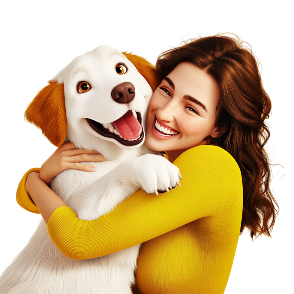 Young woman cuddling her fluffy dog, radiating love, warmth, the unbreakable humananimal connection. png