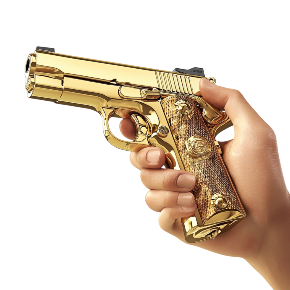 Gleaming golden pistol in h signals power, nger, the divisive role of firearms toy. png