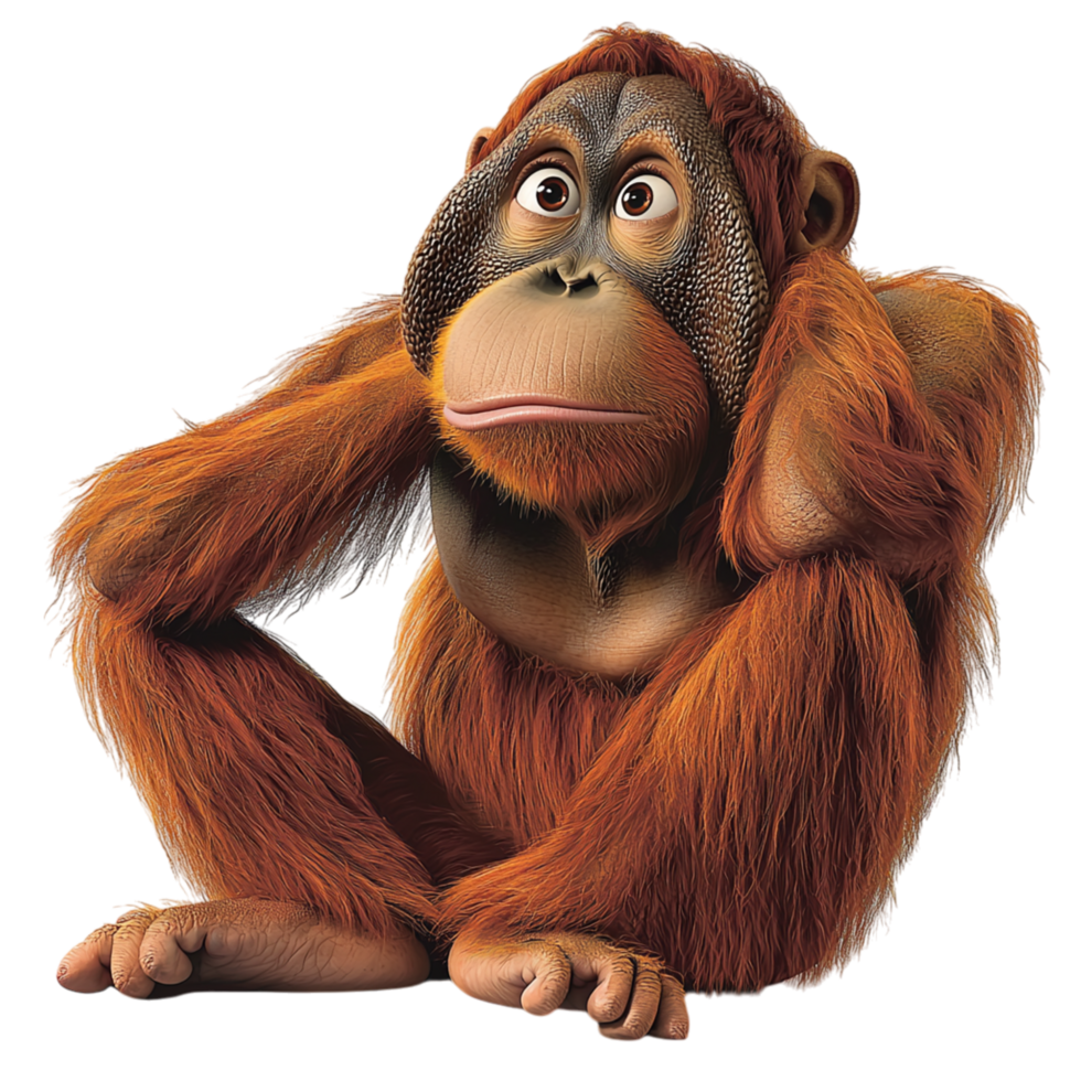 Pensive orangutan sits, arms folded, eyes deep, revealing primate intelligence, curiosity, natural wonder. png