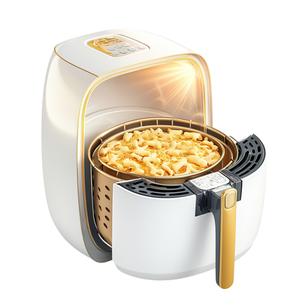 Sleek air fryer crisps golden fries, merging health, tech, modern kitchen evolution. png