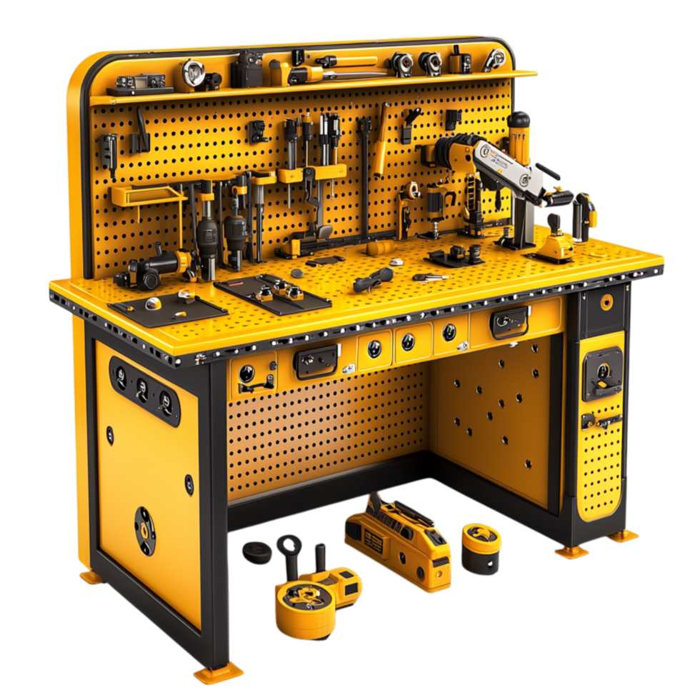 Neat yellow workbench holds tools galore, honoring craftsmanship, mechanics, skilled labor devotion. png