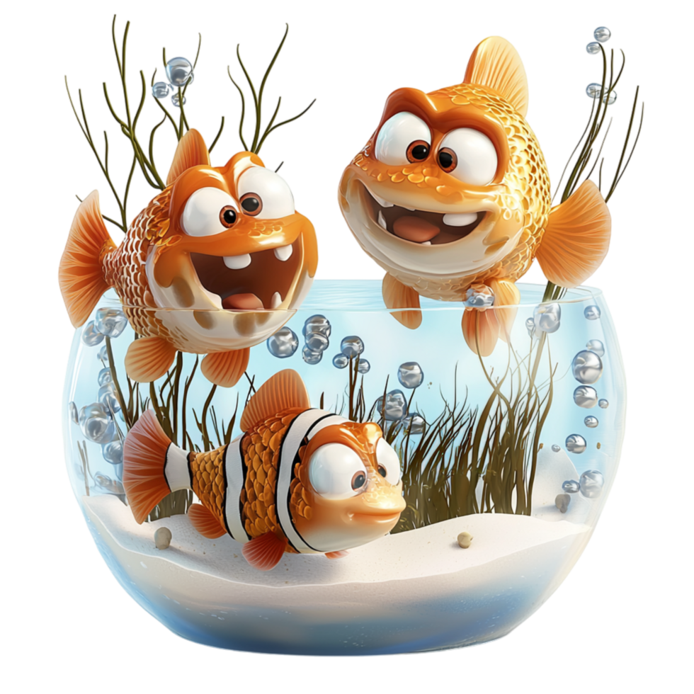 Round fishbowl glows clownfish coral, showcasing ocean tranquility, life, marine wonders. png