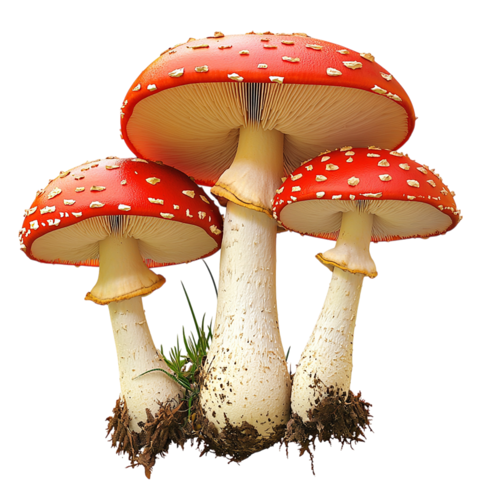 Tall spotted mushrooms cluster red white, enchanting forest mystery folklore. png