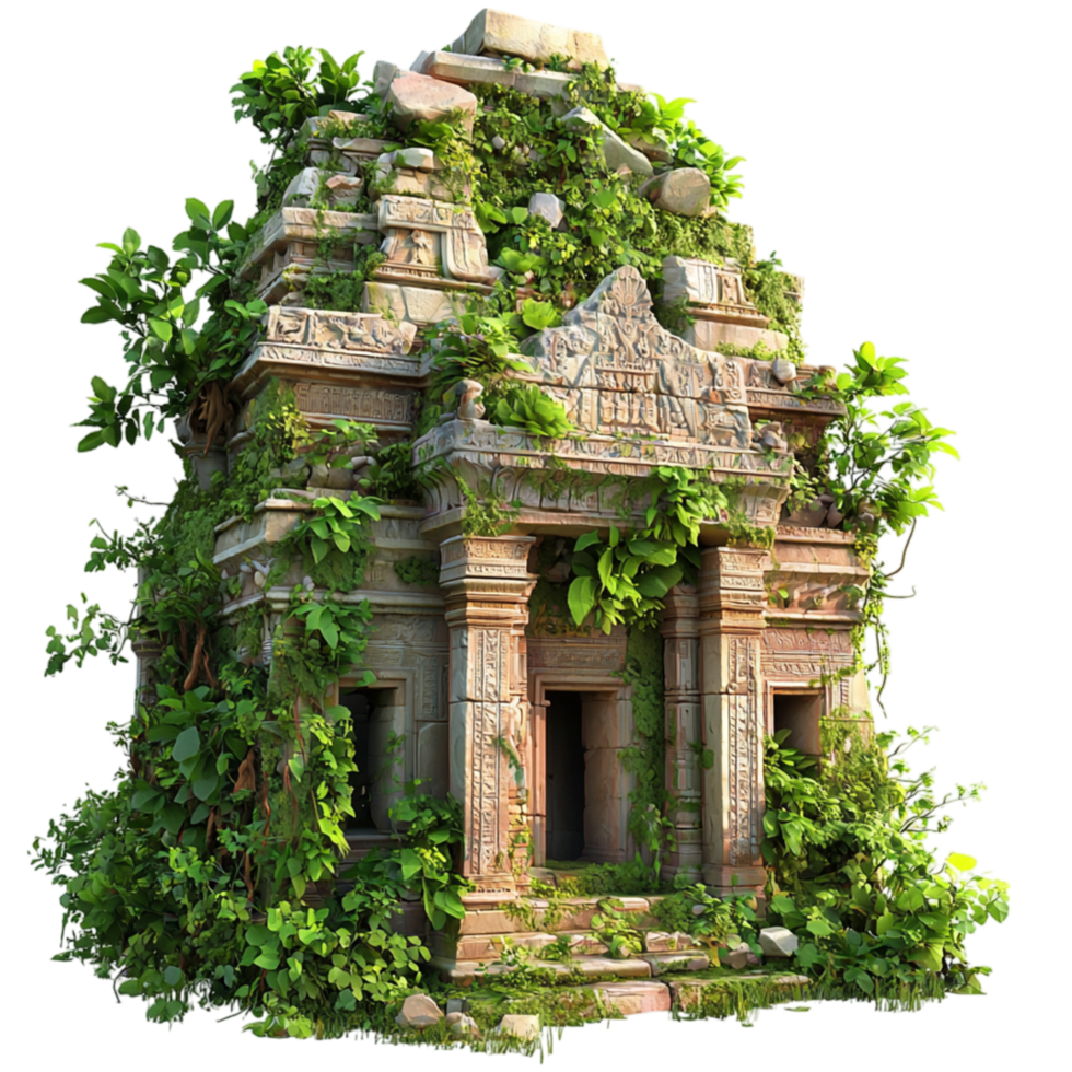 Old stone temple vines whispers history, adventure, the allure of lost worlds. png