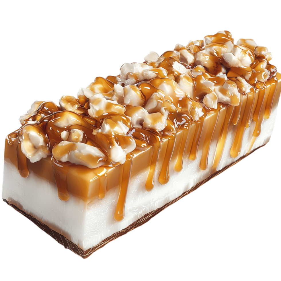 Rich caramel nut cake layered smooth white icing crunchy toppings tempts every sweet tooth. png