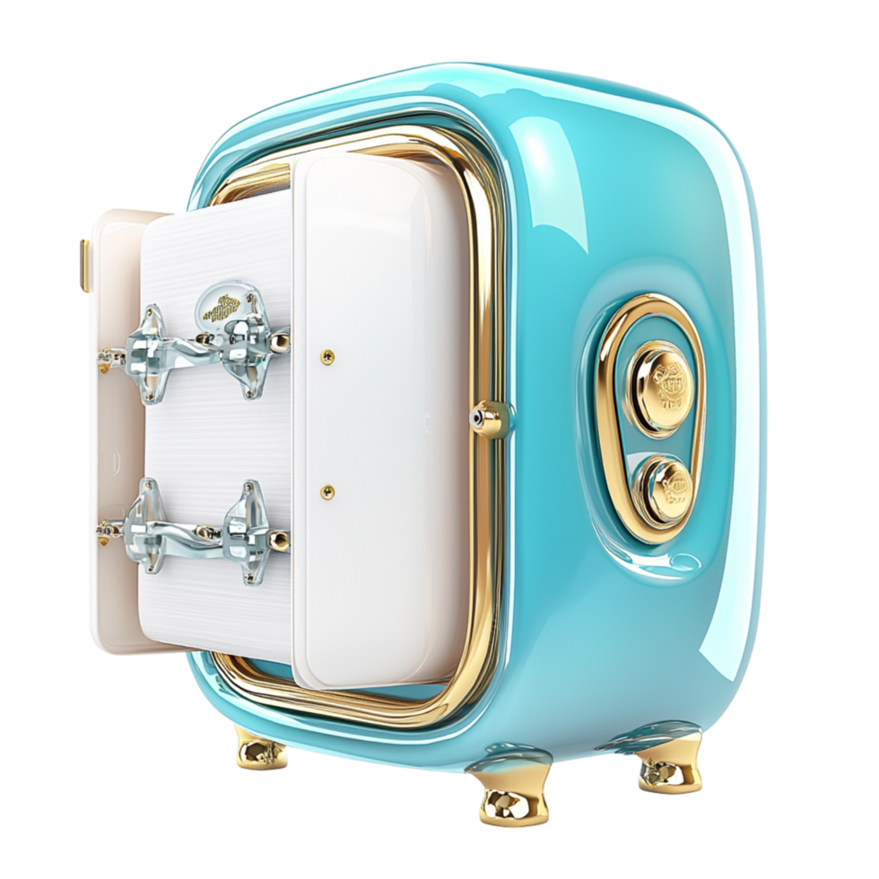 Compact blue mini fridge decorated floral patterns keeps snacks fresh while adding charming kitchen aesthetics. png