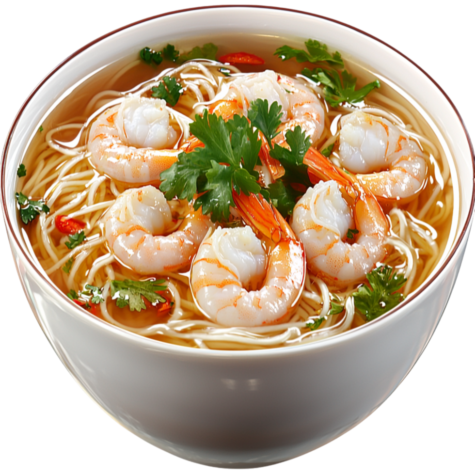 Piping hot shrimp noodle soup infused fragrant herbs, offering a heartwarming flavorful comfort meal. png