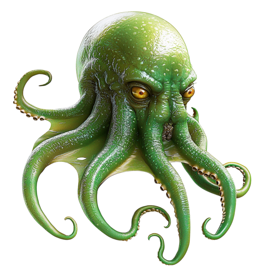 Enigmatic emerald octopus gracefully curling arms, its piercing gaze hinting at deep ocean mysteries marine wonder. png