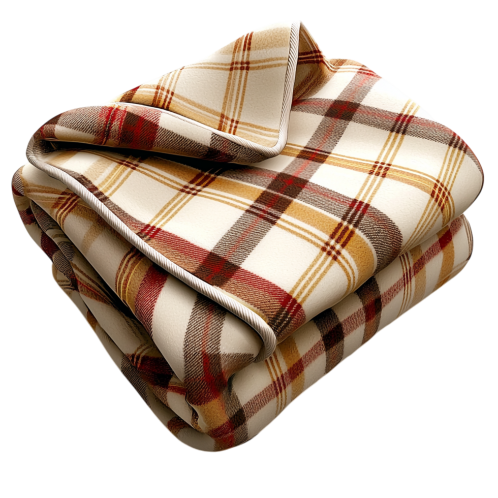 Cozy tartan throw blanket folded neatly, promising comforting warmth relaxation for chilly winter nights. png