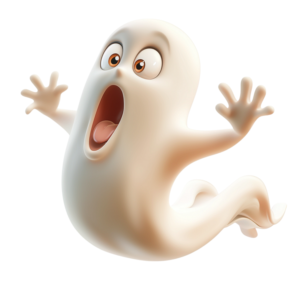 Friendly white cartoon ghost a toothy grin spreads playful Halloween excitement, lighthearted spookiness, festive seasonal charm. png