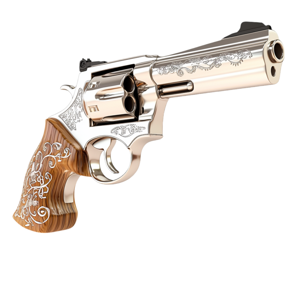 Sleek silver revolver a polished wooden grip sts as a testament to history, craftsmanship, the legacy of firearms. png