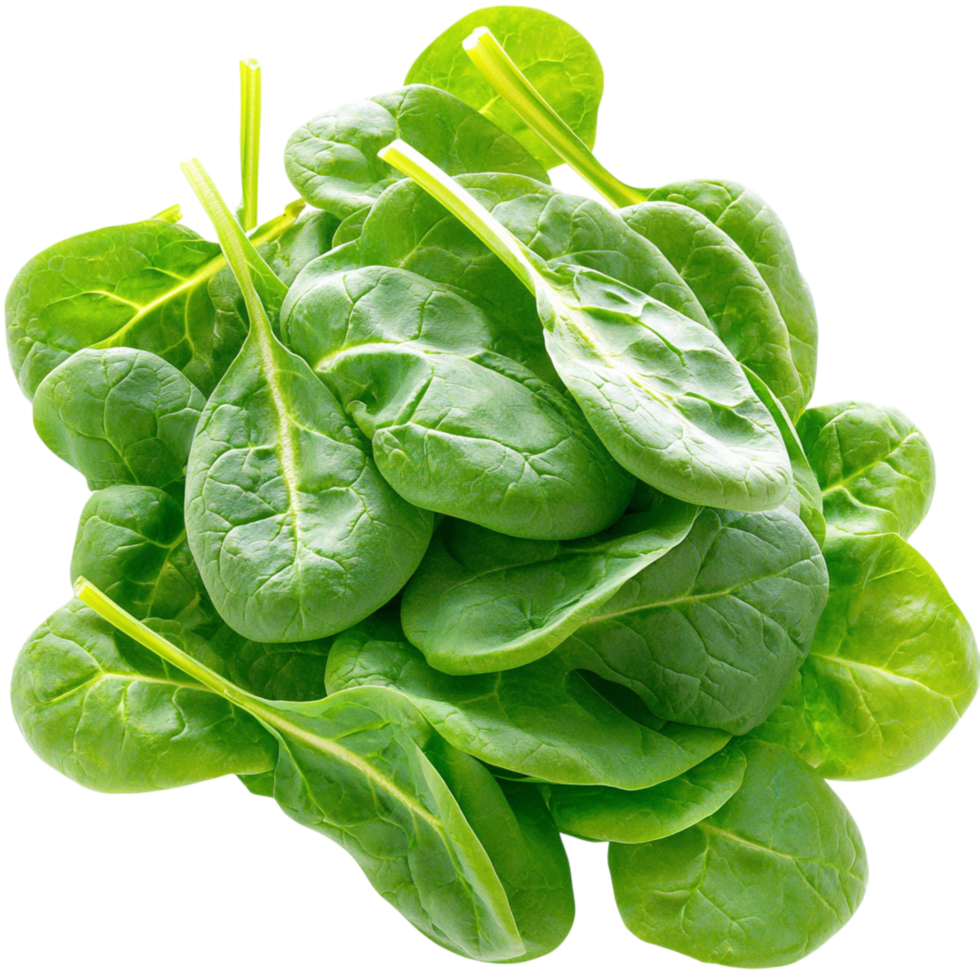 Crisp emerald spinach leaves stacked vibrantly, bursting essential nutrients vitality for wholesome, healthy meal preparations. png