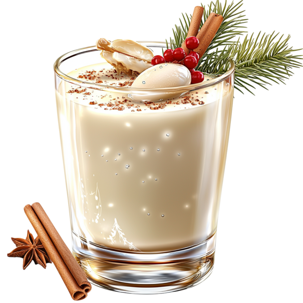 Creamy eggnog infused cinnamon a hint of nutmeg delivers rich festive warmth, holiy joy, seasonal delight. png