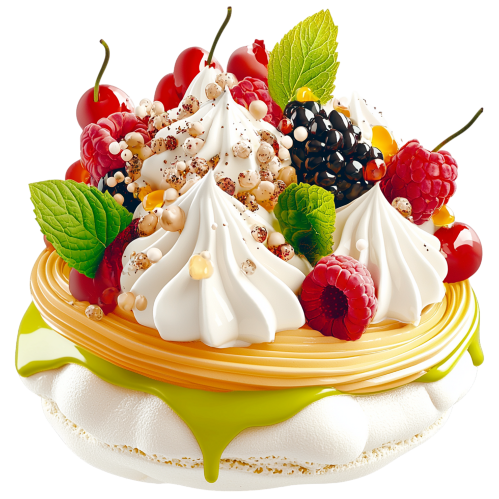 Light meringue delicately crowned fresh cream edible flowers showcases exquisite pastry craftsmanship delicate dessertistry. png