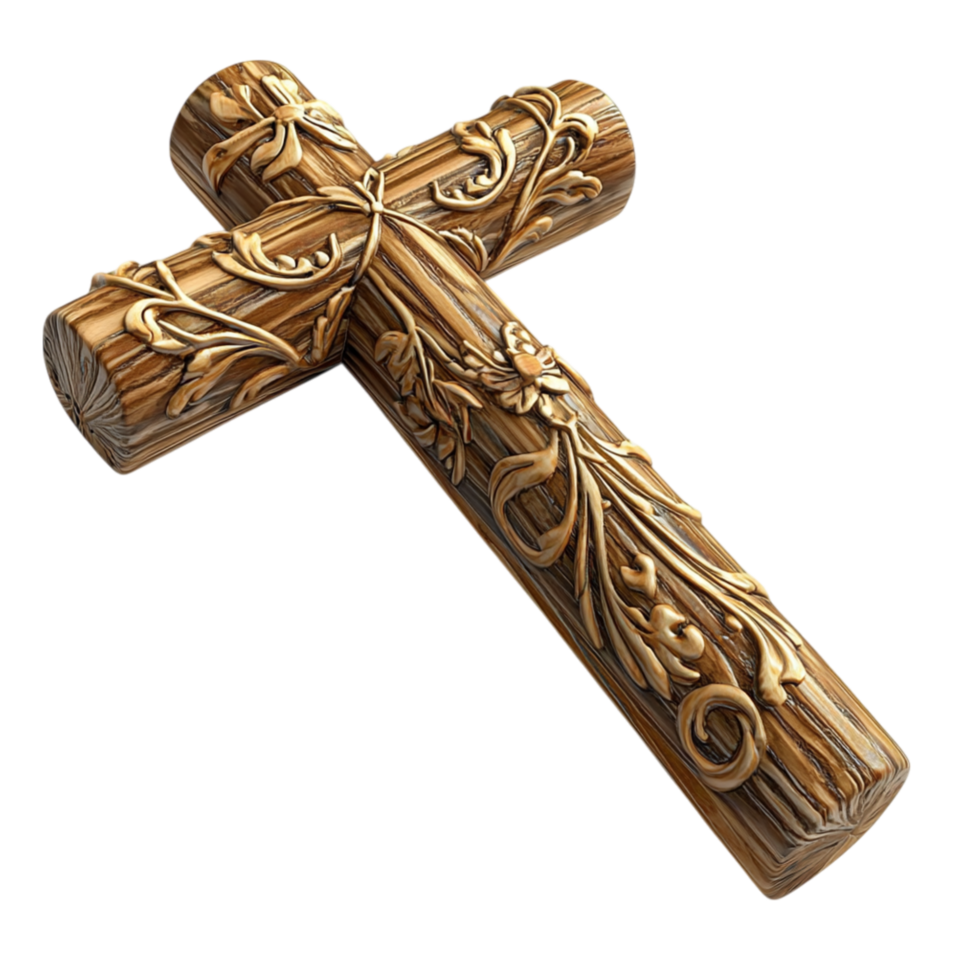 Ornate golden cross featuring exquisite engravings reflects deeprooted faith, unwavering devotion, the powerful essence of spirituality. png