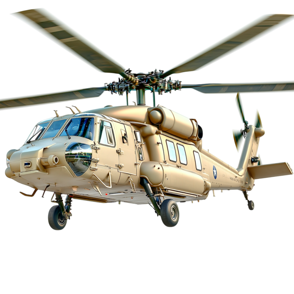Mighty military helicopter soars through the skies, rotors spinning rapidly, showcasing advanced aviation technology, strength, aerial security dominance. png