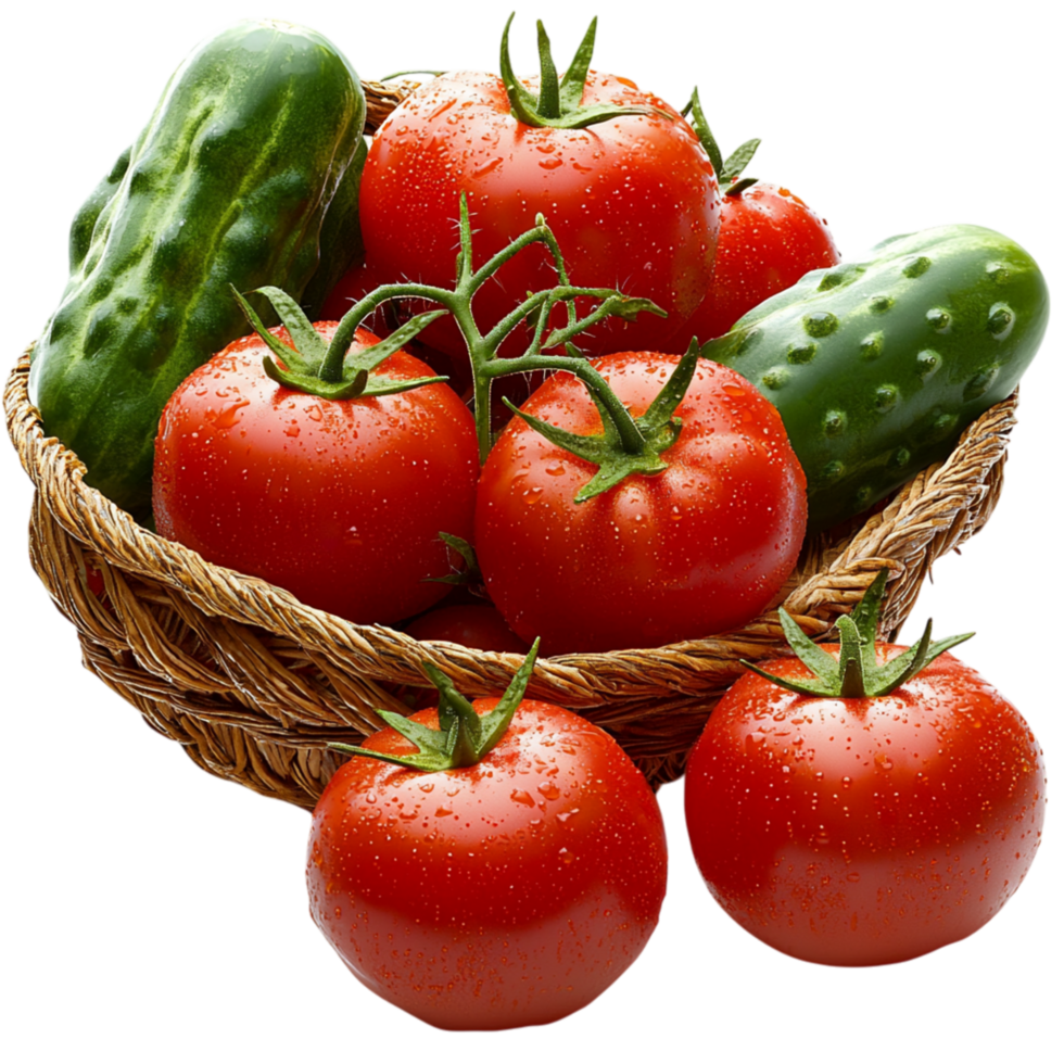 Vibrant basket overflows freshly picked ripe tomatoes cucumbers, emphasizing organic farming, nutrition, homegrown vegetable abunnce. png